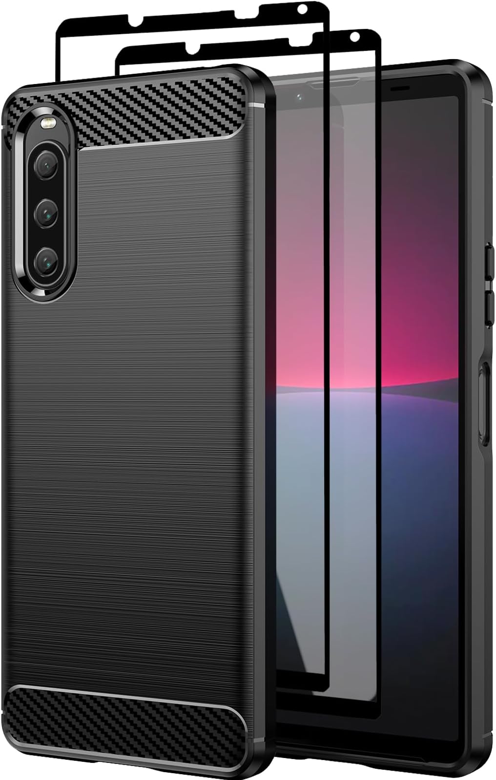 TeayohaCase for Sony Xperia 10 V,with Tempered Glass Screen Protector [2 Pack], Carbon Fiber Scratch Resistant, Shock Absorption Soft TPU Drawing Protective Cases Phone Cover - Black