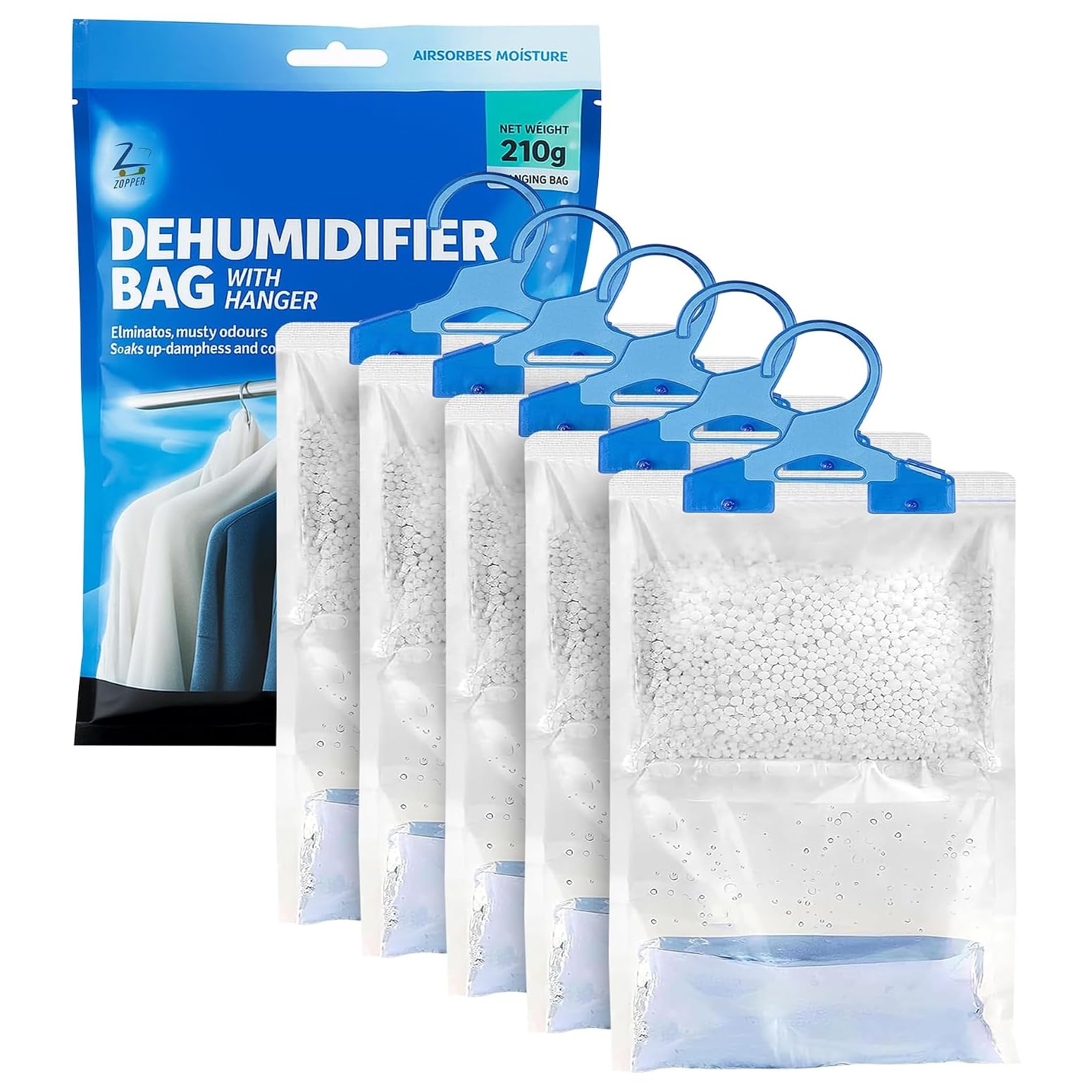 ZOPPER 6 x Wardrobe Hanging Dehumidifier 210gm Bags for Damp, Mildew, Mold Prevention - Moisture Absorber Ideal for Small Spaces, Bedroom, Garage, Kitchen, Office, Caravan, and Bathroom