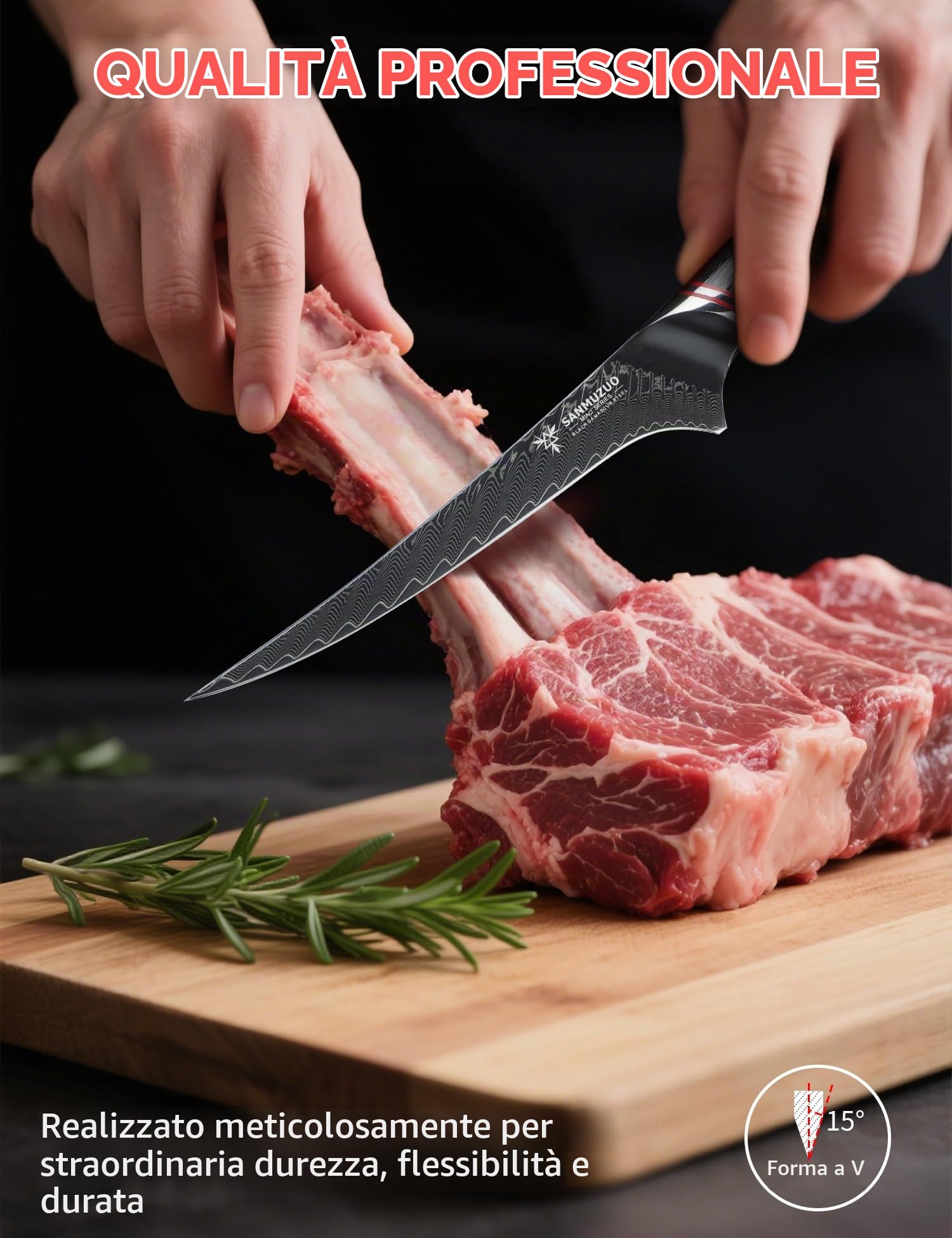 Coltello da filetto da 18 CM - Coltello da disosso da cucina professionale - Acciaio Damasco nero con Manico ergonomico - Serie MIAO