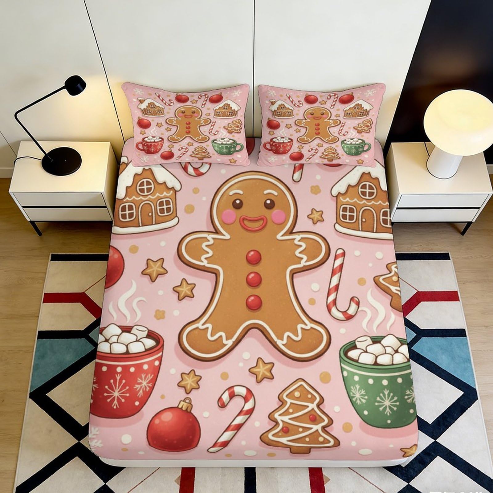 3D Printed Gingerbread Cookie Fitted Sheet Microfiber Pink Christmas Candy Bed Cover for Bedroom Dorm Mattress Decor 90x200x25cm