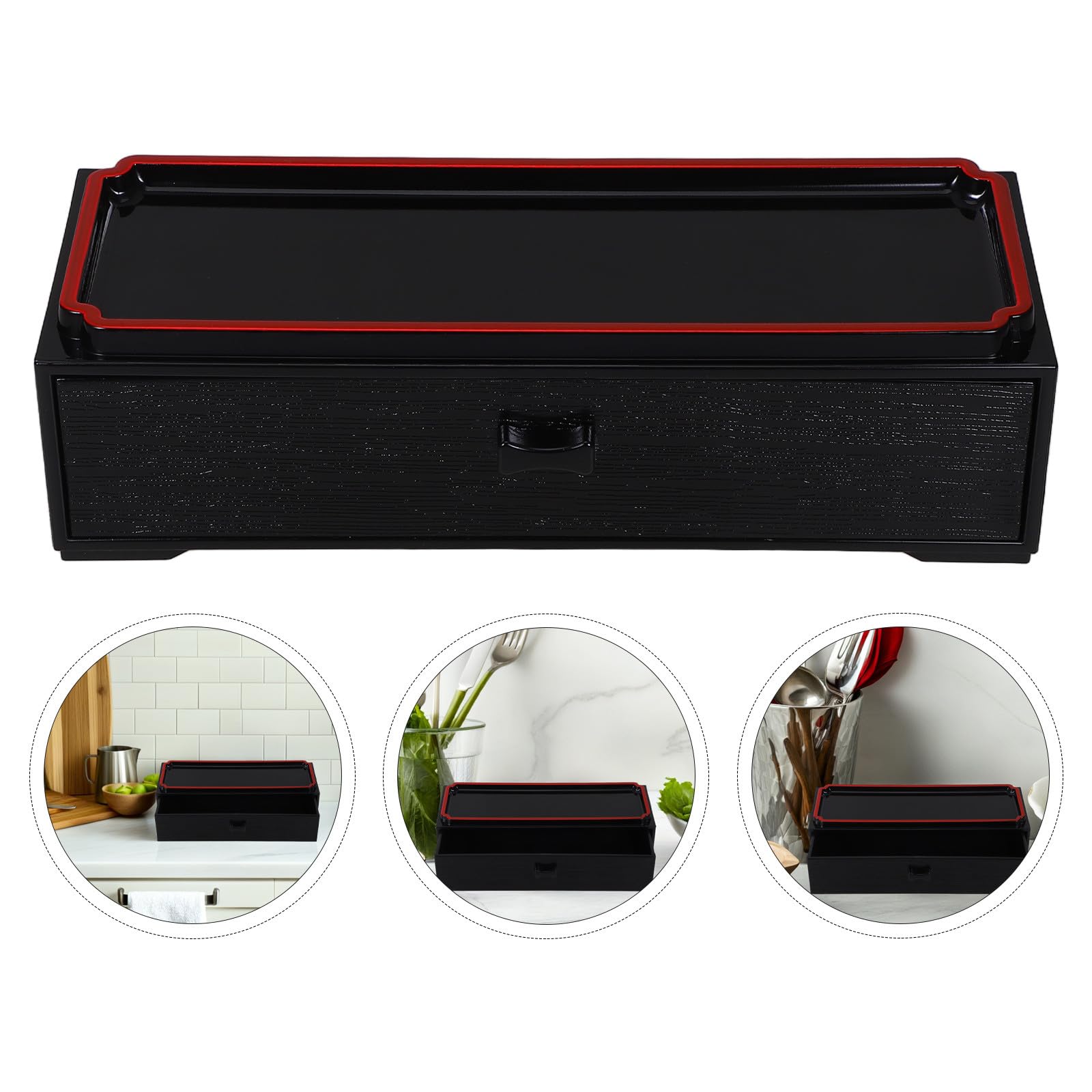 Caja de Almacenamiento de Palillos y Cubiertos Diseño Japonés, Madera Negra Vetas, Mecanismo Extraíble, 1 Pieza, Organizador para Cocina y Comedor, Porta Cubiertos Compacto