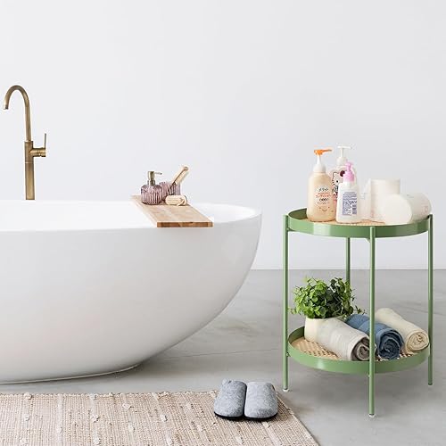 Miniatura 9 de danpinera Mesa auxiliar redonda de 2 niveles, mesa auxiliar de metal con bandeja extraíble, pequeña mesa decorativa para exteriores, mesita de noche