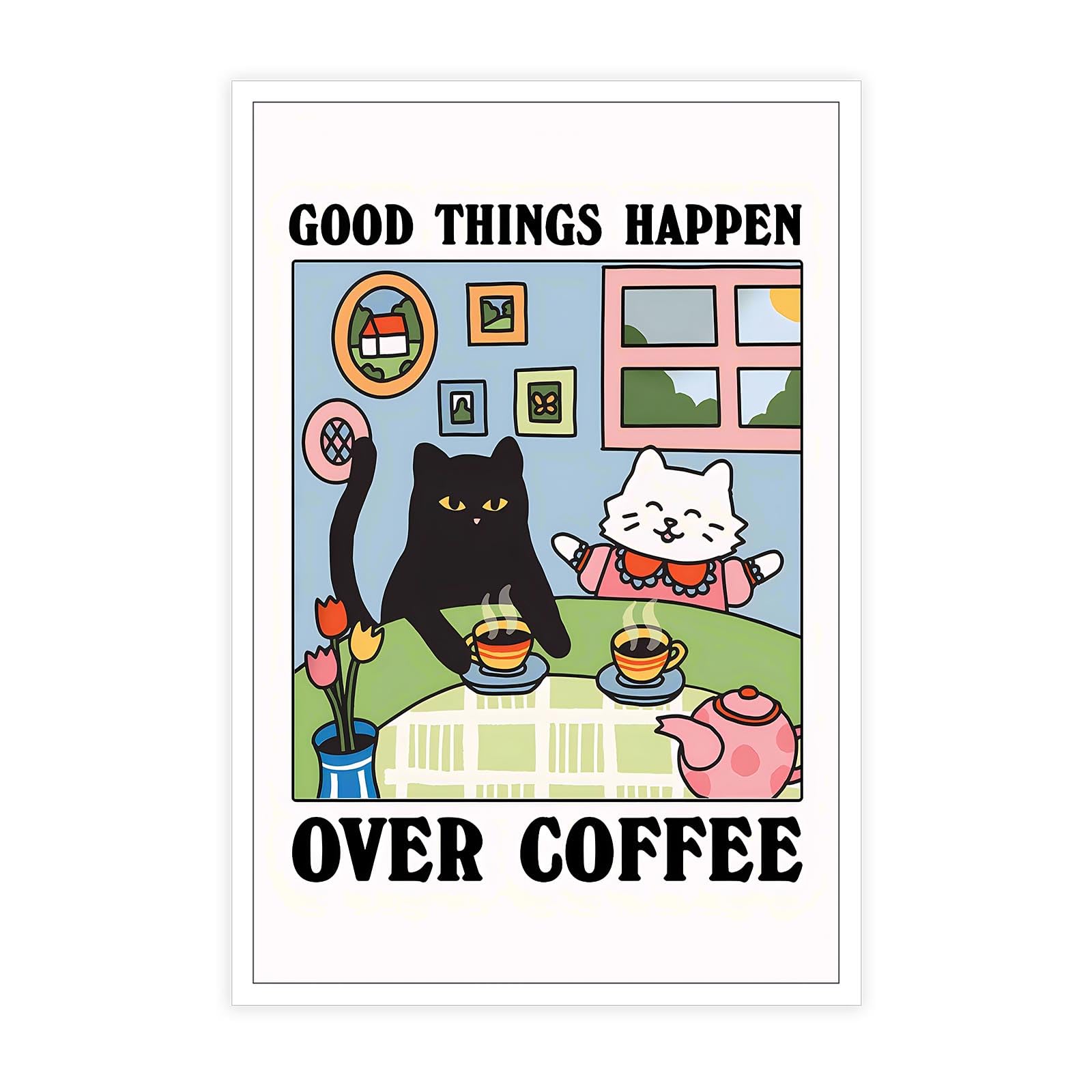 Trlzhoa Multi 004 Retro Good Things Happen Over Coffee Posters Black White Cat Espresso Caffeine Drink Art Cute Pet Kitten Animal Flowers Vase Cartoon Prints For Home Bedroom Dorm Wall Decor 12X16in Unframed