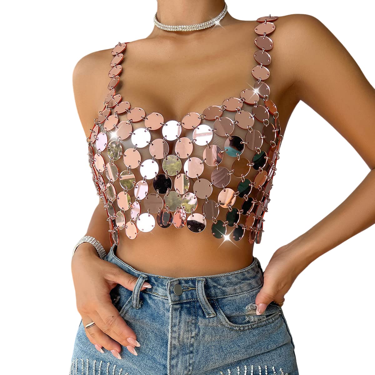 OSPRIOWomen Sexy Sequin Crop Tops, Glitter Strappy Tanks Bra Beaded Sling Camisole - Sleeveless Vest Cami Top for Nightclub