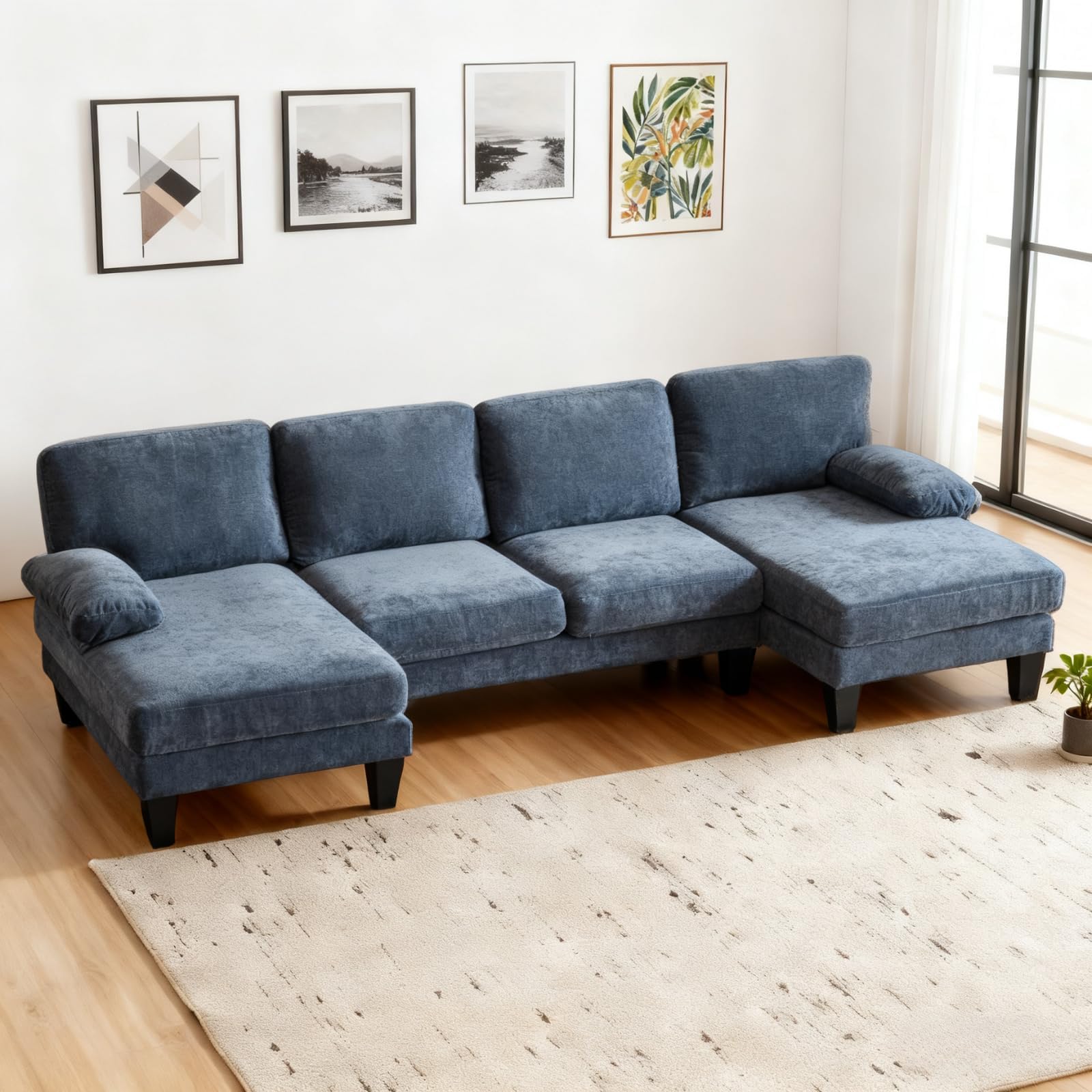 Karl home 111" Sectional Sofa U-Shaped 4-Seat Couch with Chaises Wood Grian Legs Chenille Fabric Upholstered for Living Room, Apartment, Office, Navy Blue
