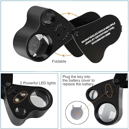 Miniatura 4 de Lupa Jewelers, paquete de 2 lupas con luz, 30 x 60 x 90 x 20 aumentos de bucle con 20 baterías de respaldo para monedas, diamantes, gemas, joyas,