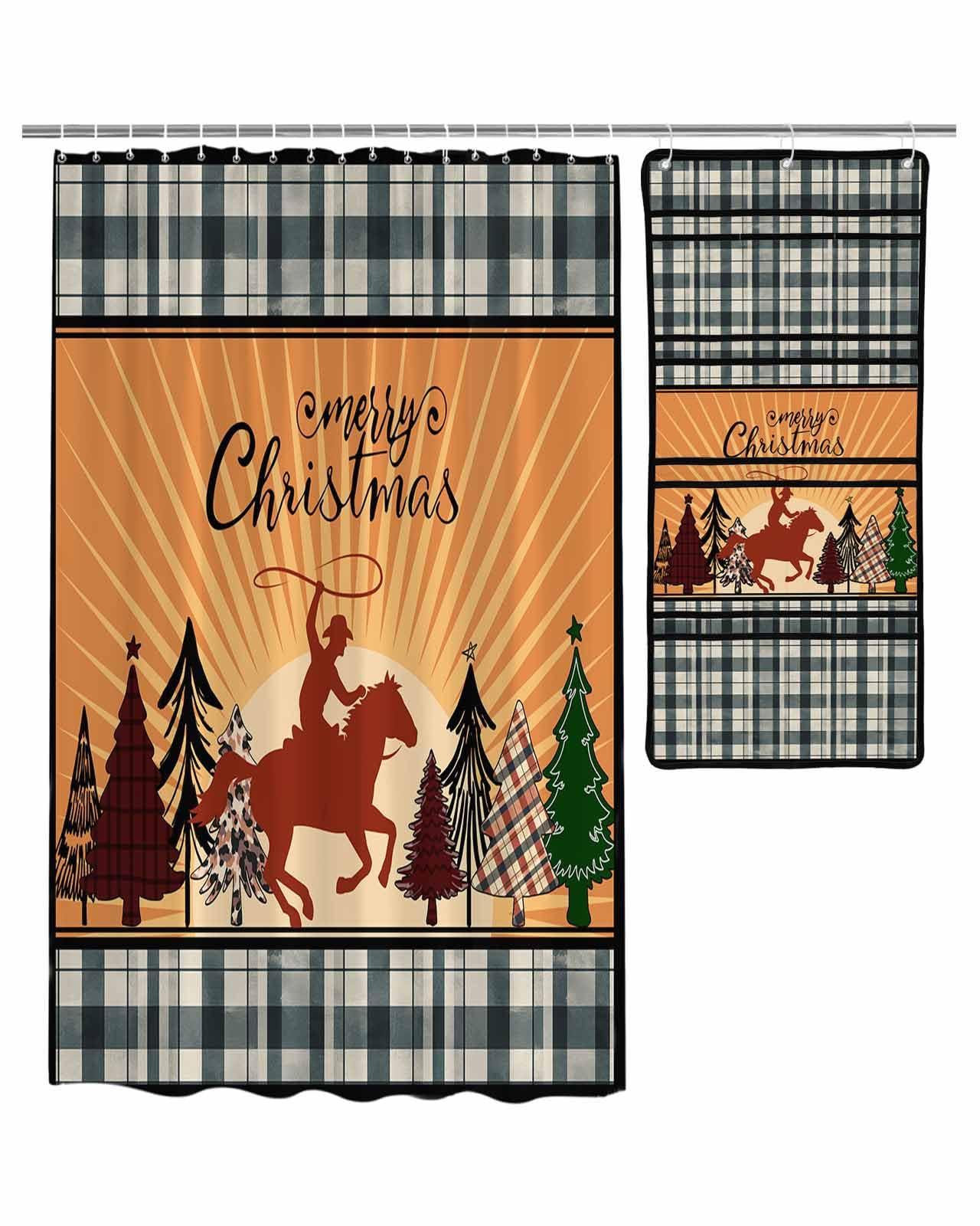 Shower Curtain Sets with Mesh Hanging Shower Organizer Christmas Western Riding Christmas Tree Sunset Buffalo Plaid Shower Curtain