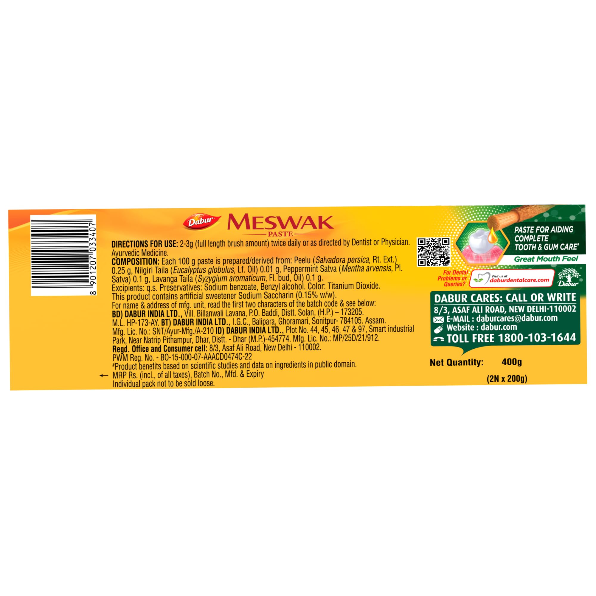 Dabur Meswak Complete Oral Care Dentifricio – 800 g (400 g x 2, confezione da 2) | Dentifricio completo per la cura orale e delle gengive | Contiene estratto di Miswak puro e raro | Senza fluoro