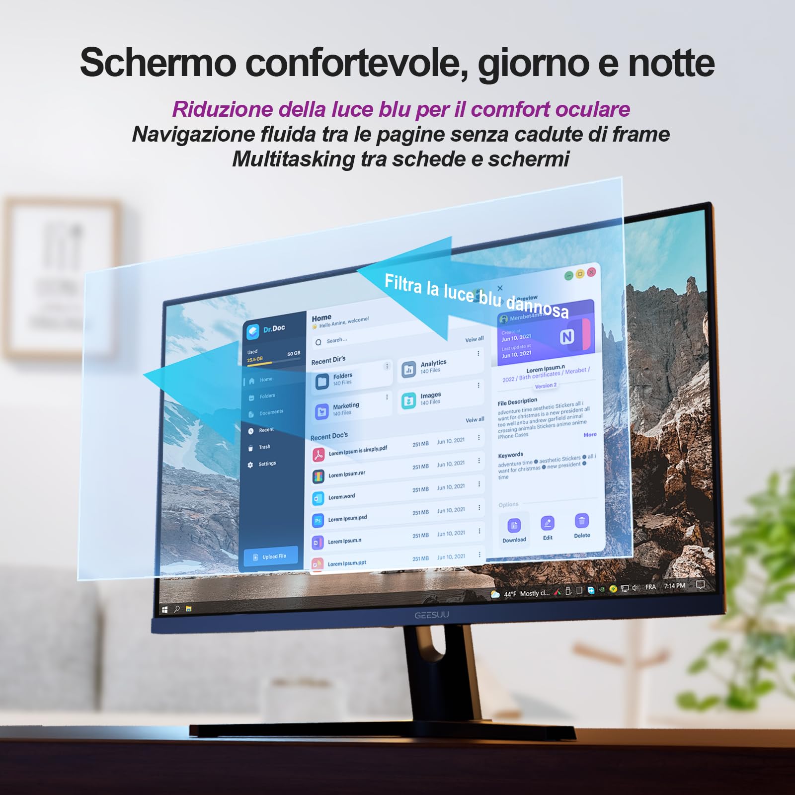 Monitor PC 24 Pollici, Computer Gaming Pantalla Ordenador 144Hz, Full HD, VESA 75x75mm, 6ms, VA, 99% sRGB, Luz Azul Baja, HDMI 2.0, DP1.2