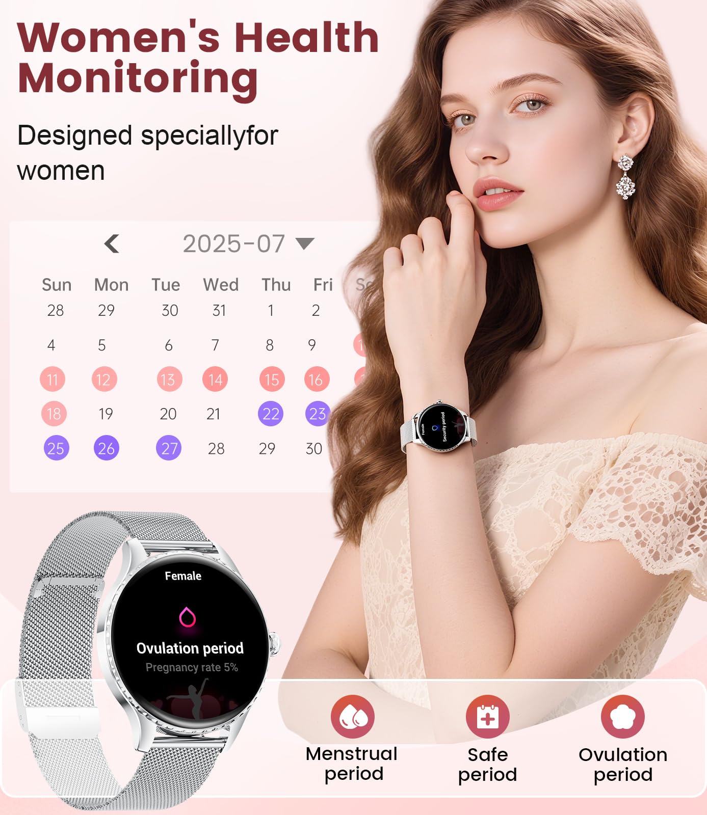 Smartwatch Donna Rotondo,1.32" Amoled Display/Chiamate Bluetooth, Orologio Smartwatch con Fisiologia Femminile/Frequenza Cardiaca/Sonno, 110+ Modalità Sportive IP68 per iOS Android Argento