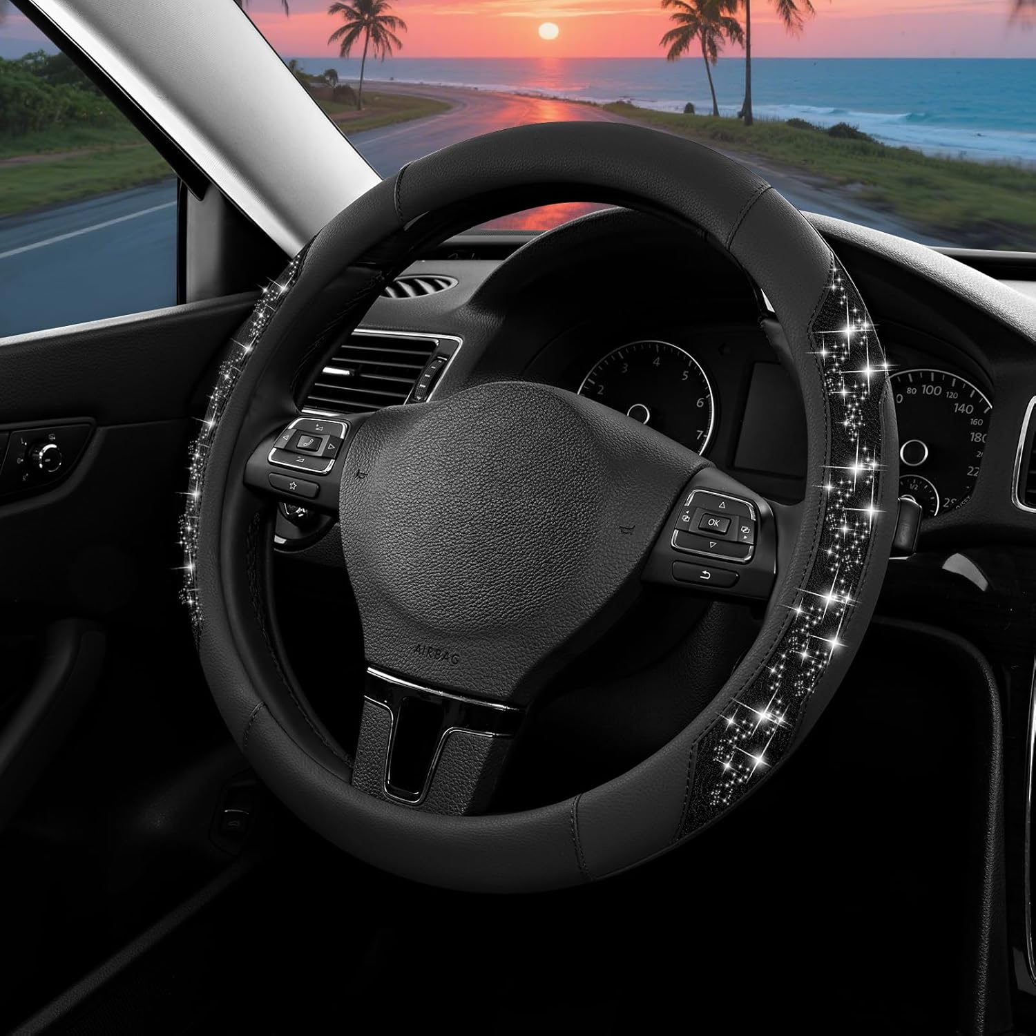 PIC AUTO Steering Wheel Cover, Black Sparkly Crystal Bling Glitter with Leather, Universal Fit 14.5"-15.5" Car Steering Wheels for Girls & Women, Anti-Slip Wheels Cover for Cars, Trucks, Van, SUVs - Image 2