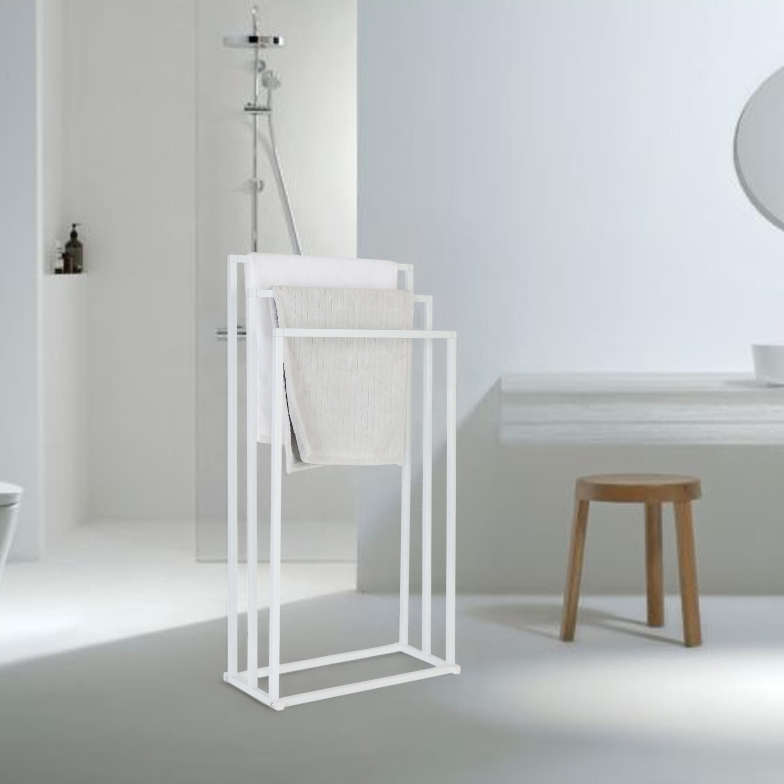 Porte-Serviettes sur Pied Relaxdays, H x L x P : 84 x 44 x 21,5 cm, métal, 3 Barres, Salle de Bains, Blanc