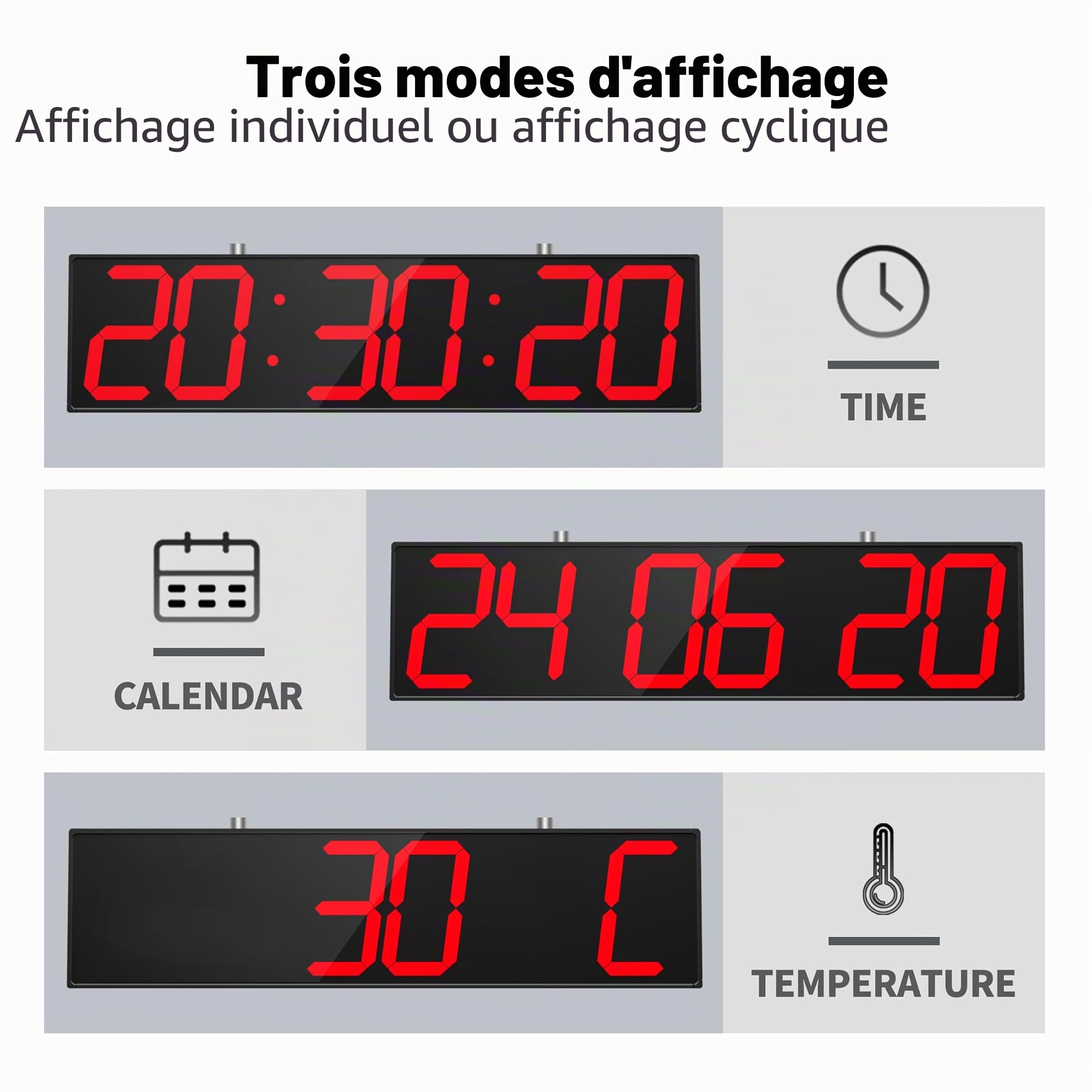 CHKOSDA Horloge murale numérique double face de 70,1 cm, grande horloge LED multifonctionnelle avec minuterie, affichage de la température et de la date, horloge numérique à suspendre pour couloirs