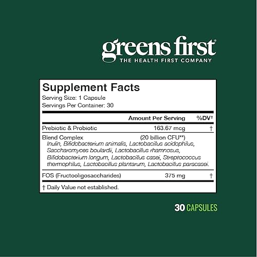 Miniatura 6 de Greens First Probióticos - 20 mil millones de UFC de bacterias beneficiosas - Fibra soluble en FOS - Apoya la salud intestinal, digestiva y