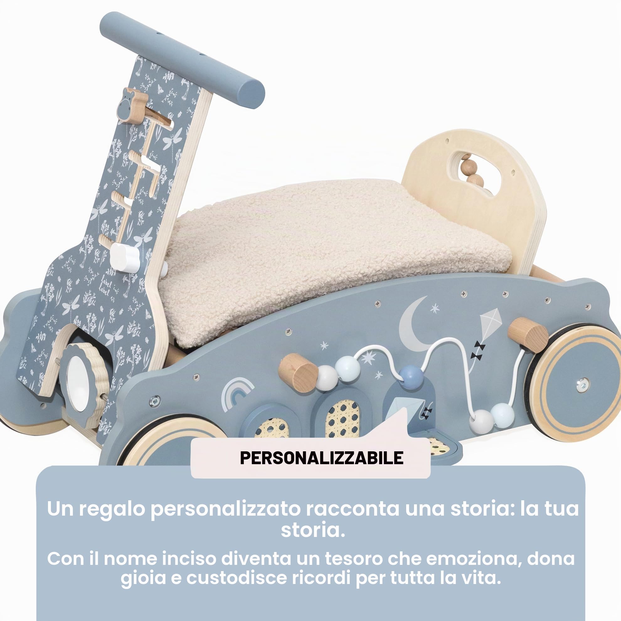 Personalizzabile cavalcabile 3 in 1, Auto a Dondolo Blu – evolutivo e Antiscivolo – per Bambini dai 2 Anni in su – Personalizzato con Il Nome – Label Label