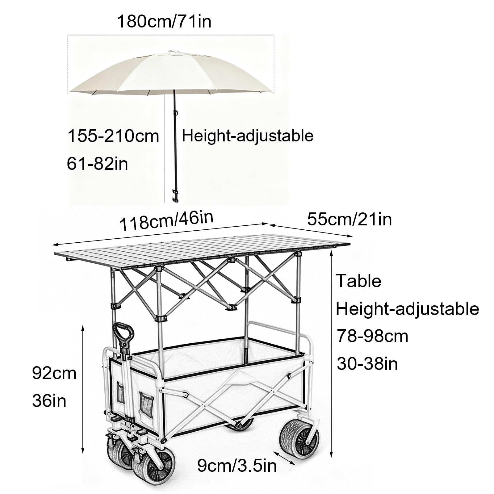 Händlerwagen im Freien mit Sonnenschirm, tragbarer Lebensmittelwagen, faltbarer Bauernmarktständer für Veranstaltungen, Märkte, Street Food, bequem, leicht, einfach aufzubauen