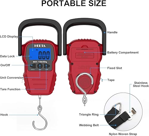 Miniatura 3 de HEETA Báscula de pescado con pantalla LCD retroiluminada, hasta 110 libras110.2 lbs, báscula digital portátil para colgar peces con gancho y cinta
