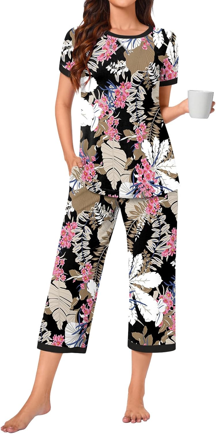 Bestbee Womens Pajama Set, 2 Piece Lounge Outfit Sleepwear Set Crew Neck T-Shirt Capri Pant With Pockets Ladies Pjs - Image 2