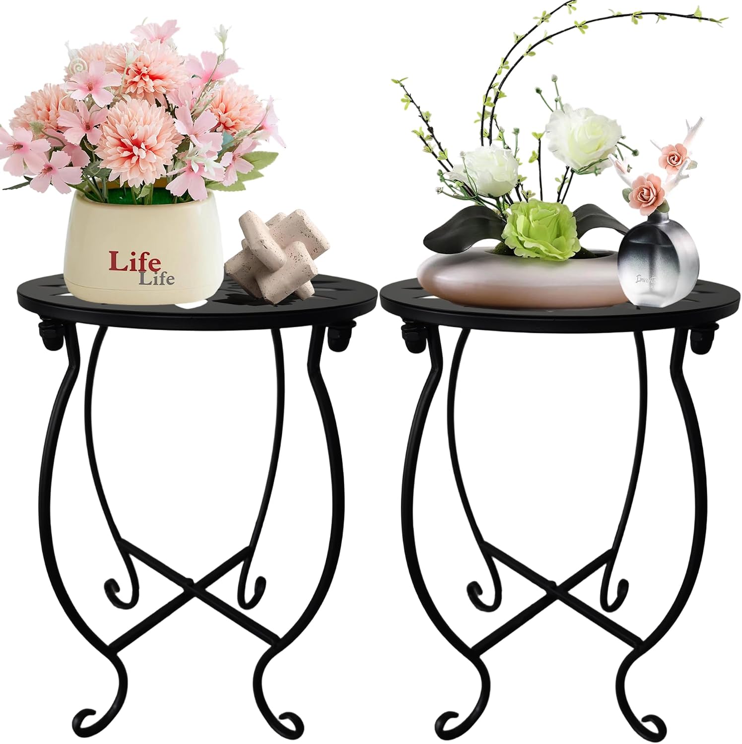 MINI Outdoor Side Tables, 10" Round 15" Tall Patio Side Table Plant Stand, Set of 2 Metal Small Round Side Table for Patio Yard Porch Balcony Garden Bedside Indoor Outdoor Use