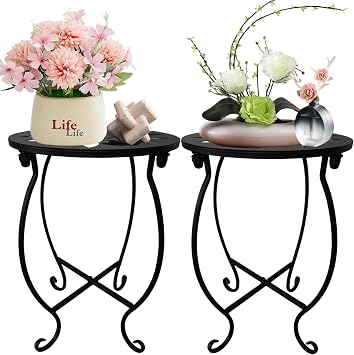 MINI Outdoor Side Tables, 10" Round 15" Tall Patio Side Table Plant Stand, Set of 2 Metal Small Round Side Table for Patio Yard Porch Balcony Garden Bedside Indoor Outdoor Use