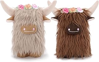 Upltowtme Highland Cow Gnomes with Flowers, Brown Scottish Tomte Doll Decor, Farmhouse Nordic Dwarf Home Decoration, Calf Gnome Herd Collection, Travel Nursery Gift for Her, Set of 2