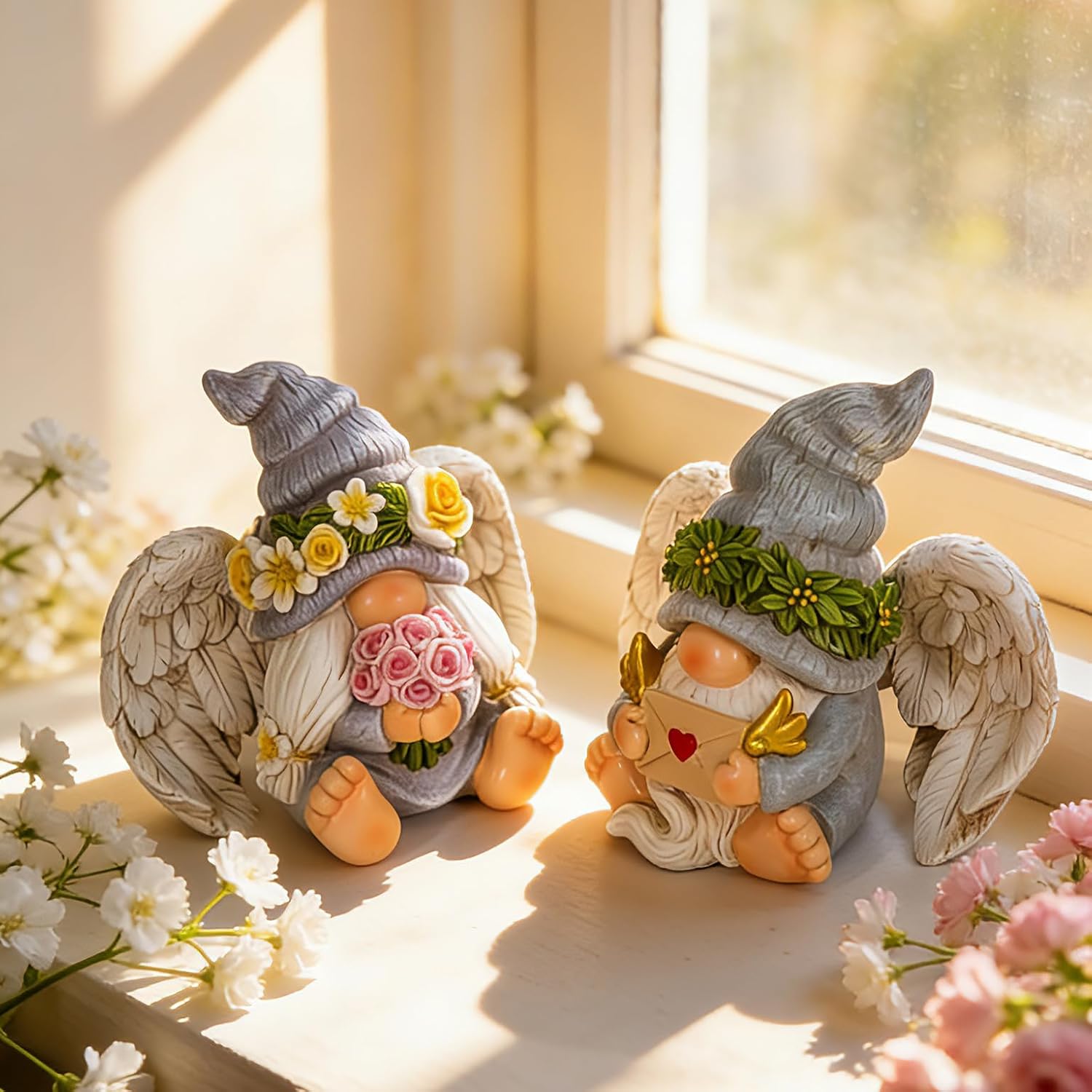 2PCS Angel Gnome with Wings Mother's Day Gnome Gifts for Mom Grandma and Grandpa Memorial Birthday Angel Figurines Gnomes Gifts for Women Sitting Valentines Gnomes Angels Christmas Gnomes Decor