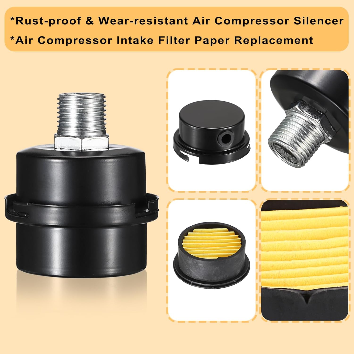 OwnMy 2 Set Air Compressor Silencer with 2 Air Compressor Silencer Intake Filters Replacement Parts, 1/2" Thread 20mm Metal Sound Muffler Noise Muffler Filter Kit for Oil-Less Air Compressors