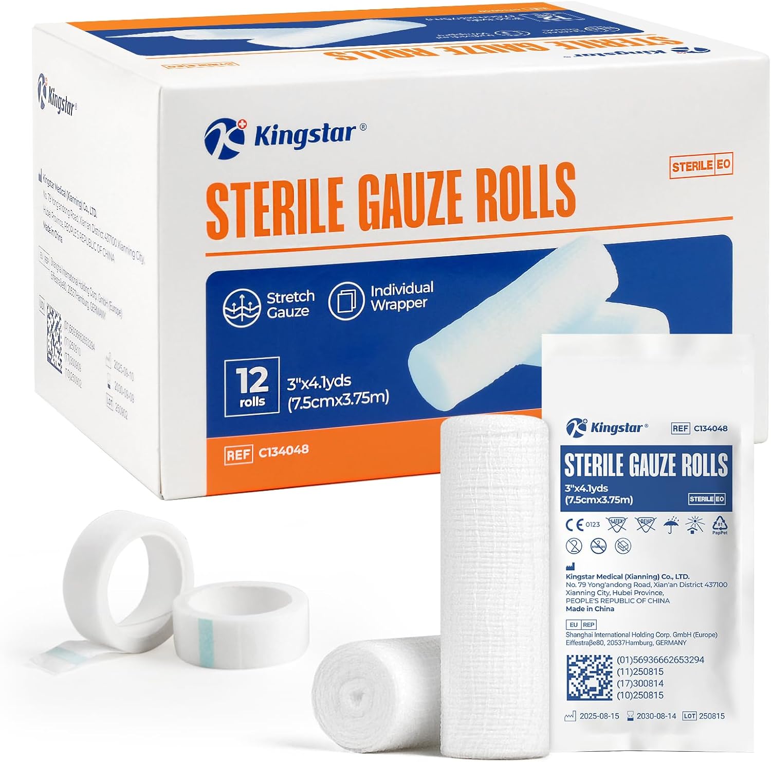 Sterile Gauze Rolls, 2" x 4.1 Yards, Conforming Stretch Gauze Bandage, Pack of 120, Firm Support for Dressings and Splints, Latex-Free First Aid Supplies Individually Wrapped with Bonus Tape