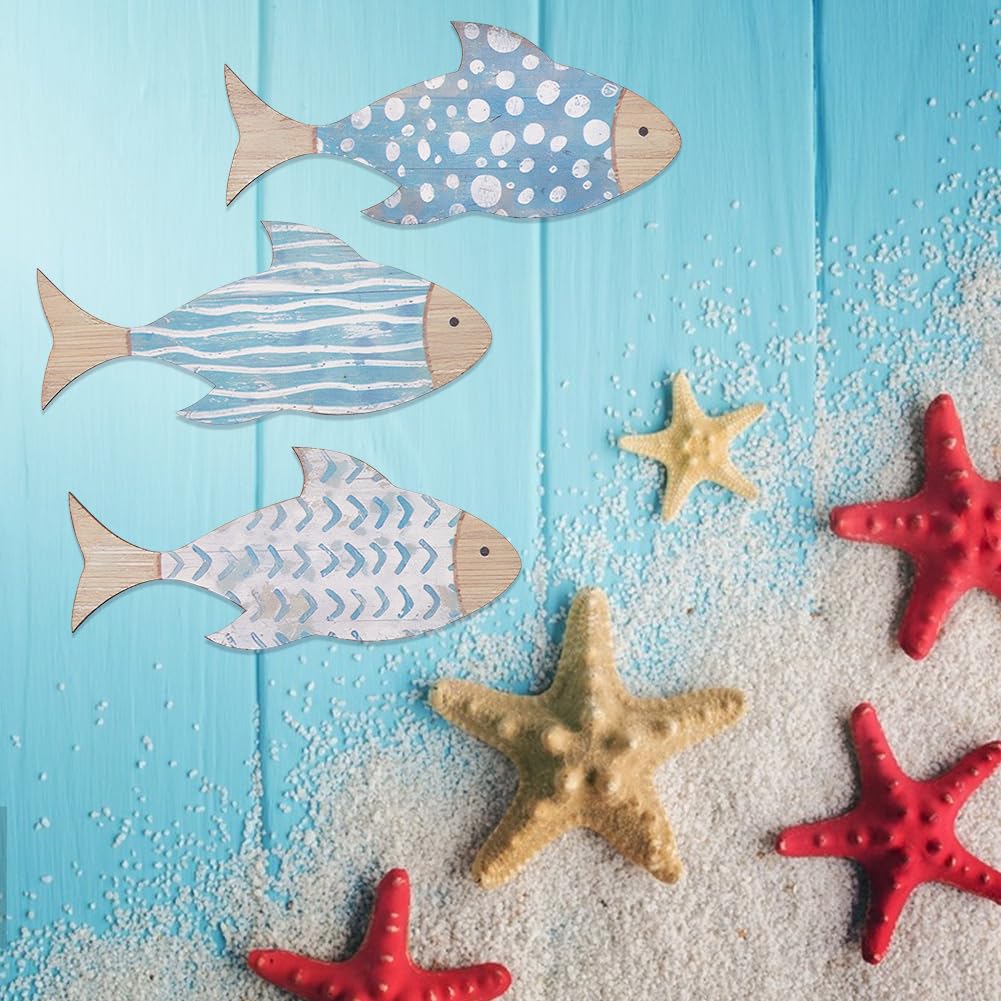 Decorazioni Parete Pesce Legno - Set 3 Pezzi Stile Nautico Per Casa, Bagno, Esterno - Foto 5