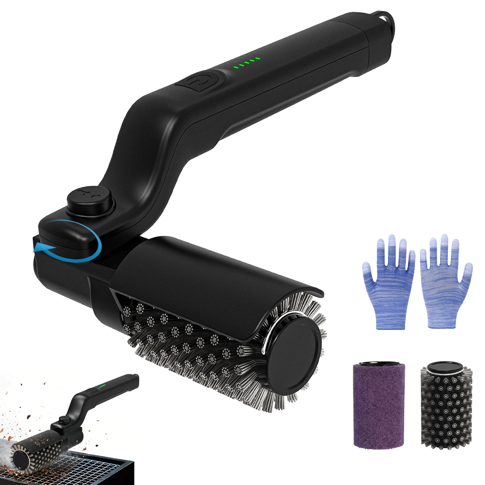 Spazzola elettrica per barbecue, angolo regolabile a 180°, ricaricabile, 3 livelli di pulizia, 90 minuti di autonomia, testina sostituibile in acciaio inox per griglia, USB-C