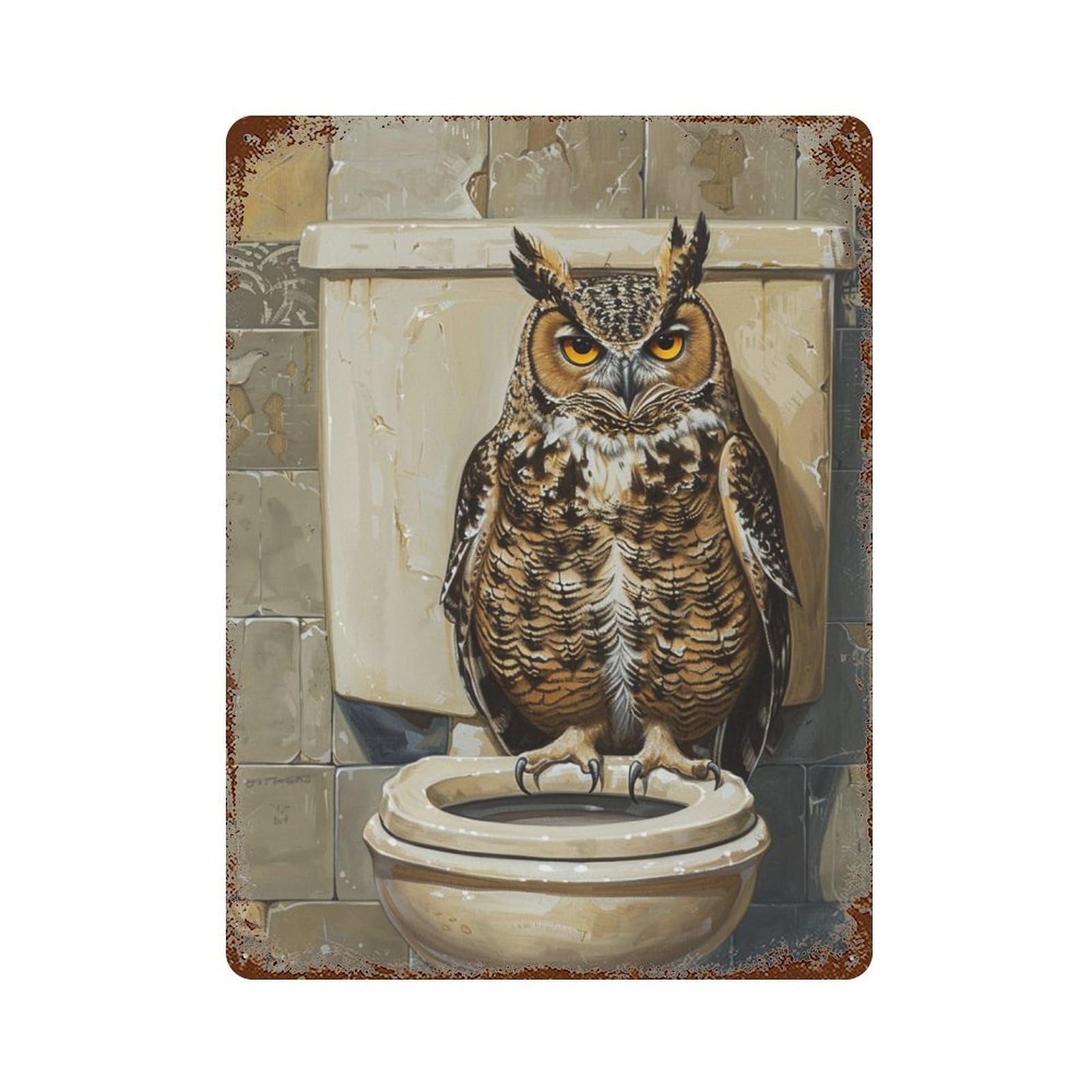 Decorative Tin Sign with Owl on Toilet Bowl Design 15.7"x11.8", for Garage, Bar And Workshop Decor, Farmhouse Wall Decor