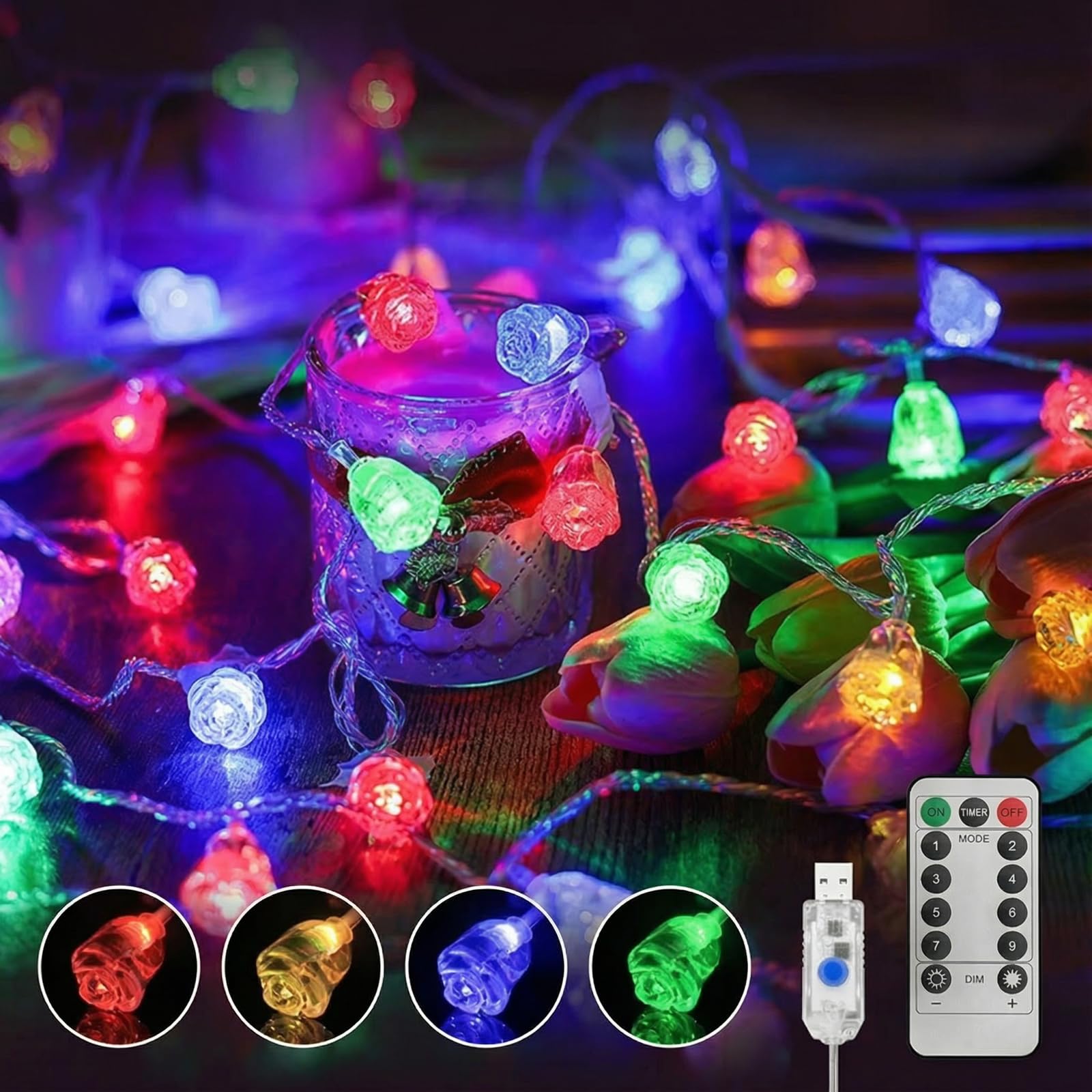 Reveren 33FT Rose Flower String Lights Indoor, 80 LED Multicolor USB Fairy Lights with Remote, 8 Modes Dimmable with Timer, Waterproof Decorative