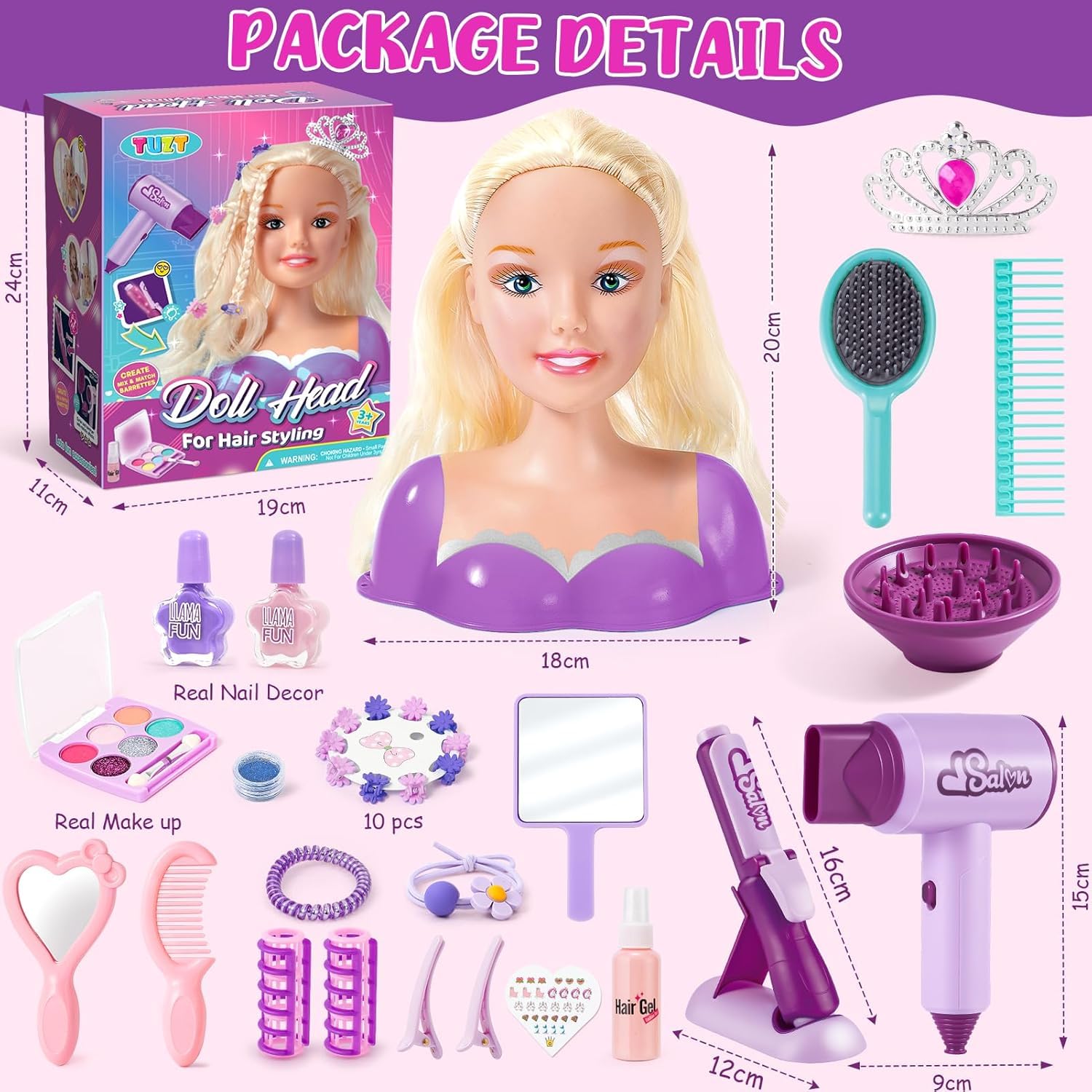 Tête à Coiffer Maquillage Jouet Fille 4-8 Ans Poupée Accessoires Coiffure Salon Sèche Cheveux Cadeau Anniversaire