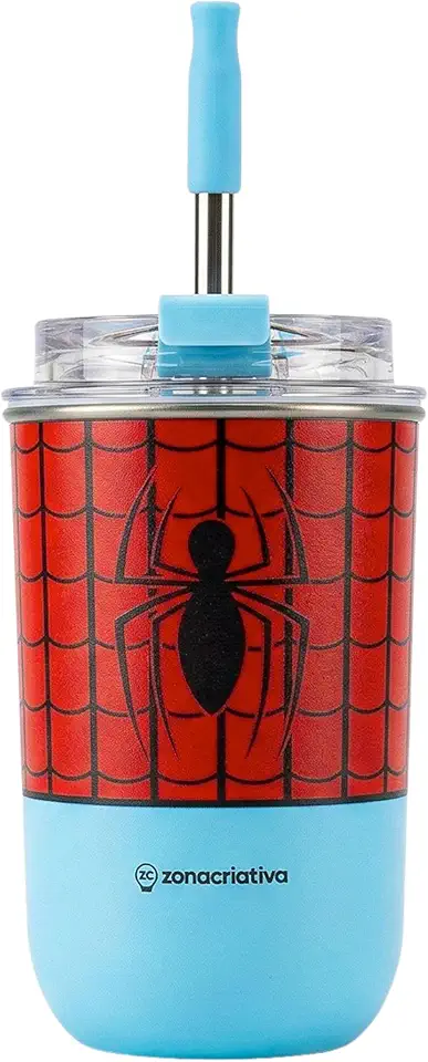 Zonacriativa – Copo Neo com canudo 300ml Spider Man | Copo Térmico, Tampa c/Vedação por Pressão e Canudo c/Protetor de Silicone | Mobilidade e Conforto para Quem Não Abre Mão de Beber c/Canudo