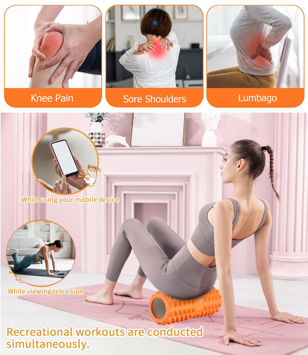 Naranja Set di Foam Roller 5 in 1, Roller Pilates ad alta Densità, Rullo per Massaggio,Pallina Massaggio Muscolare, Tenditore, Fascia di Resistenza per Massaggio, Esercizi di Fitness Attrezzi Pilates