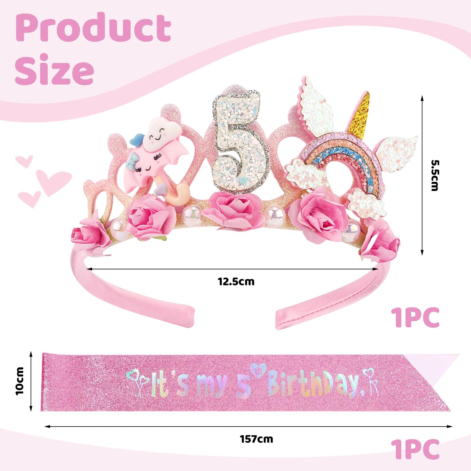 Bandeau Joyeux Anniversaire Bandeau Couronne Fleurs 5 Ans LunarCharm - Écharpe Scintillante Incluse Bandeau D'anniversaire Enfant