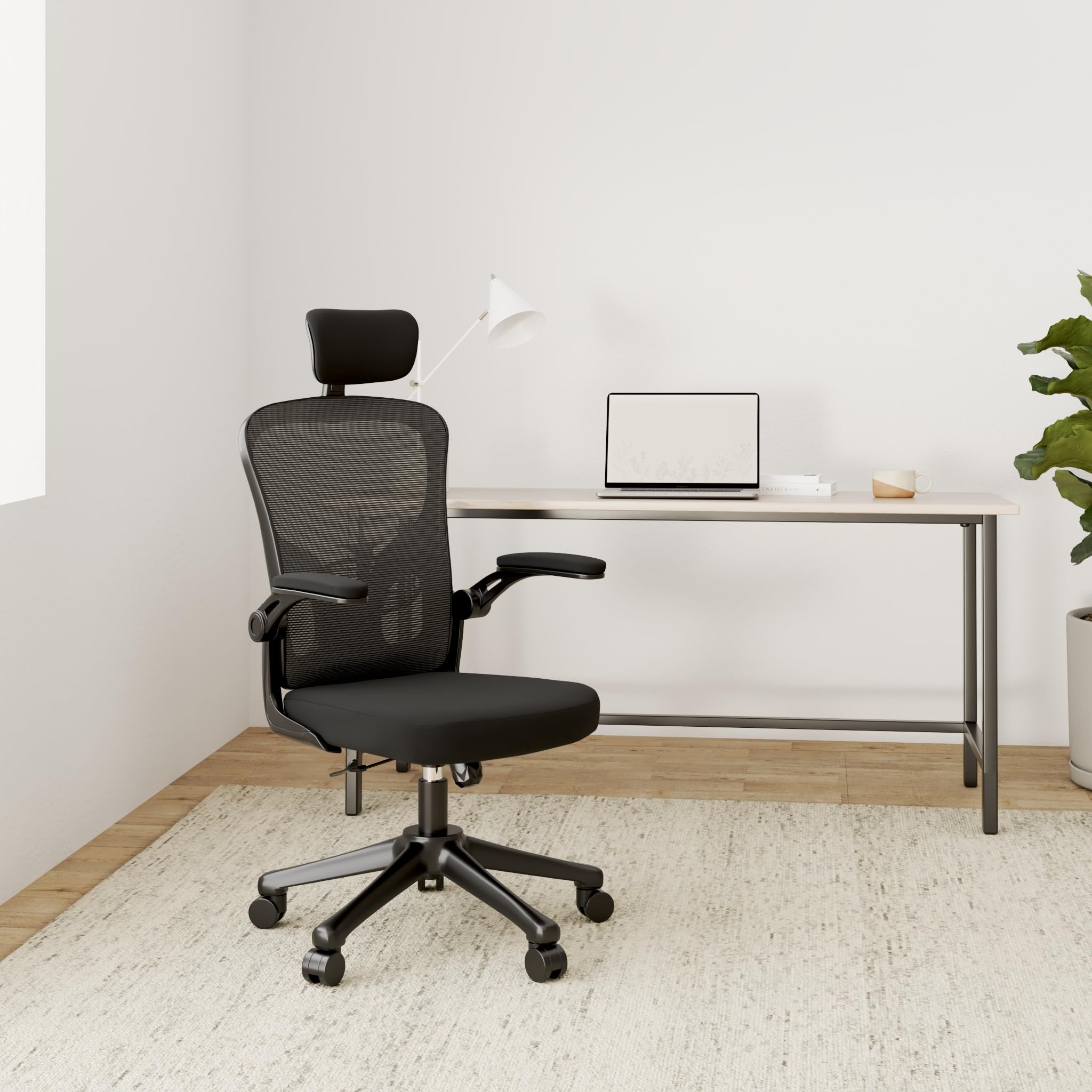rattantree Silla de Oficina, Silla de Escritorio Ergonómica con Reposacabezas Ajustable y Soporte Lumbar, Respaldo de Malla Transpirable, Reposabrazos Abatibles de 90°, Silla Giratoria de 360°