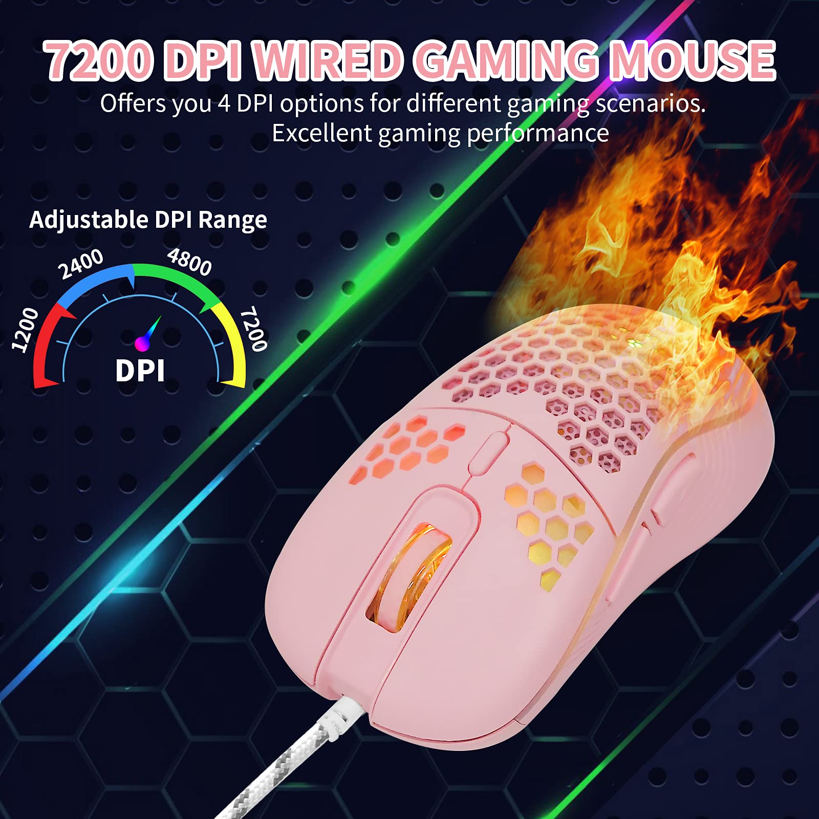 Ratón para juegos con cable, retroiluminación RGB y 7200 DPI ajustable, ergonómico y ligero, con sensor de alta precisión para Windows PC y portátiles
