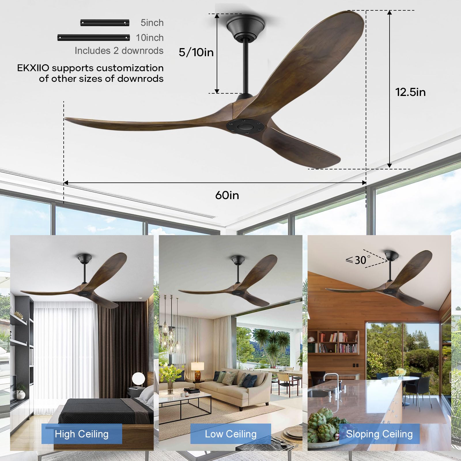 Ventilatore Da Soffitto Esterno Con Luci - 132cm, 3 Pale Legno, Motore CC, Telecomando Per Gazebo E Soggiorno - Foto 5