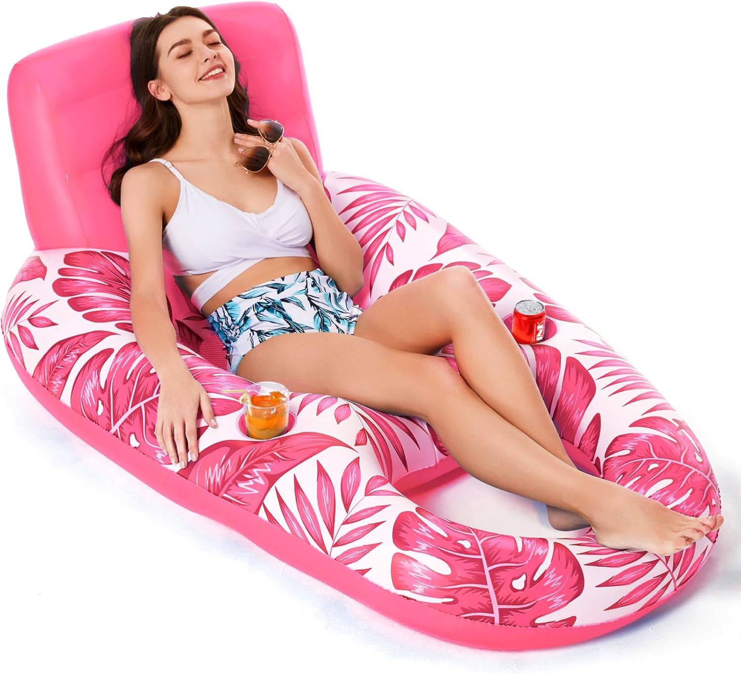 Jasonwell Inflatable Pool Float Adult - Pool Floaties Lounger Floats Raft Floating Chair Water Floaties for Swimming Pool Lake Lounge Float with Cup Holders Beach Pool Party Toys for Adults TropicalRose