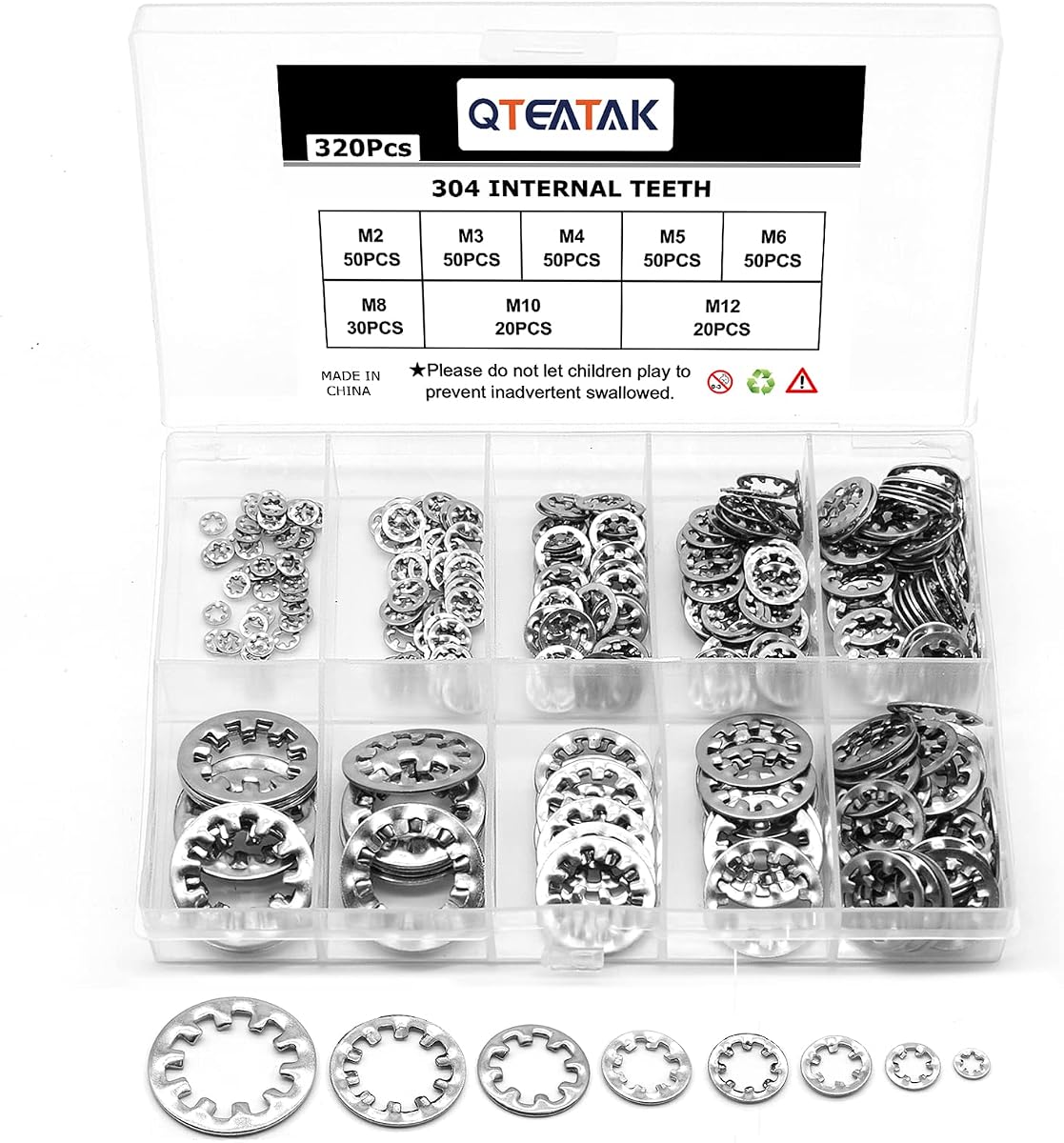 320Pcs Lock Washers Internal Star Washer Assortment Kit, Silver | 304 Stainless Steel, Tooth Washer Wave Spring Washer, 8 Size (M2.5 M3 M4 M5 M6 M8 M10 M12)
