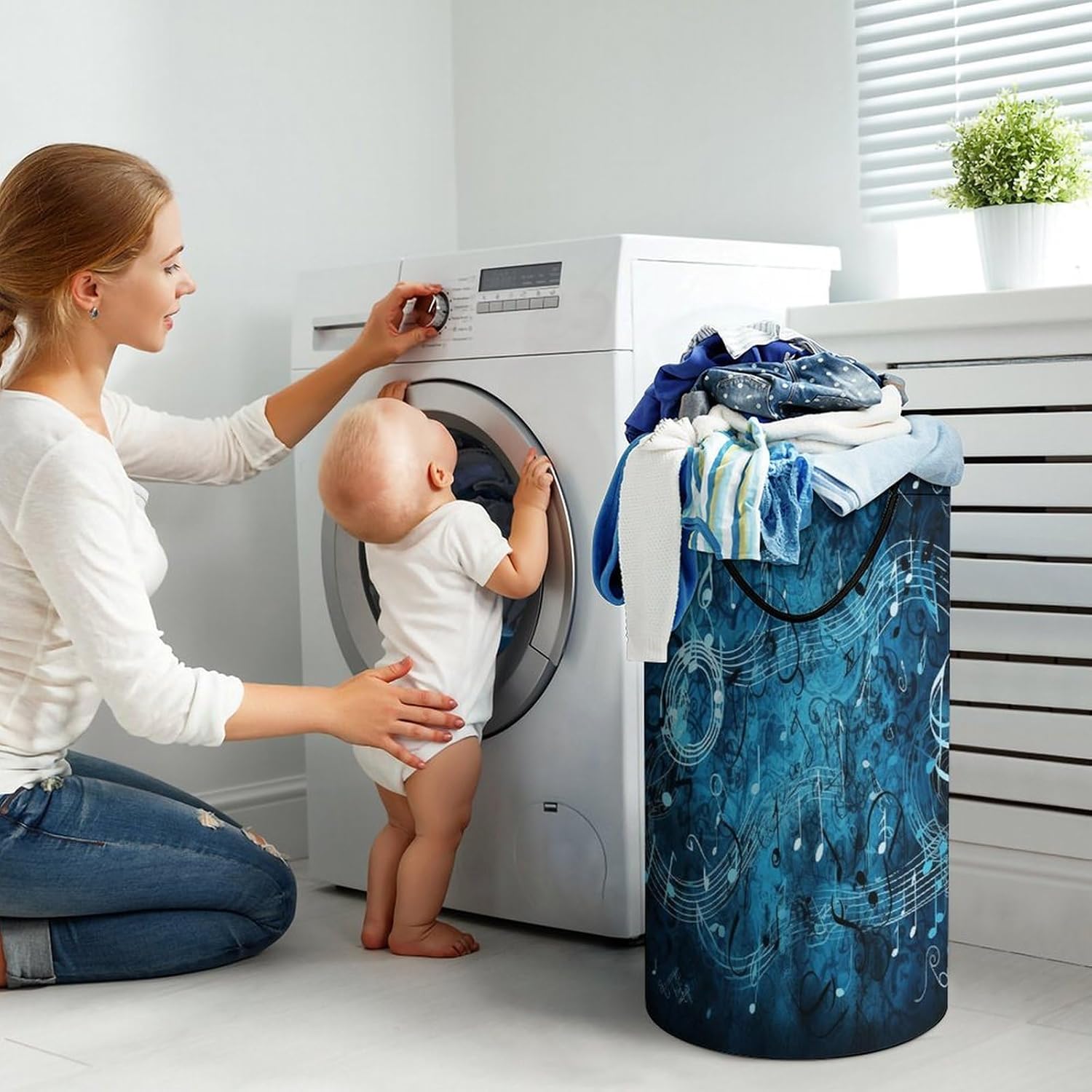 Blue Musical Notes Laundry Hamper Large Collapsible Laundry Basket with Handles Waterproof Clothes Hamper Portable Dirty Clothes Basket for Bedroom Laundry Room Closet Bathroom