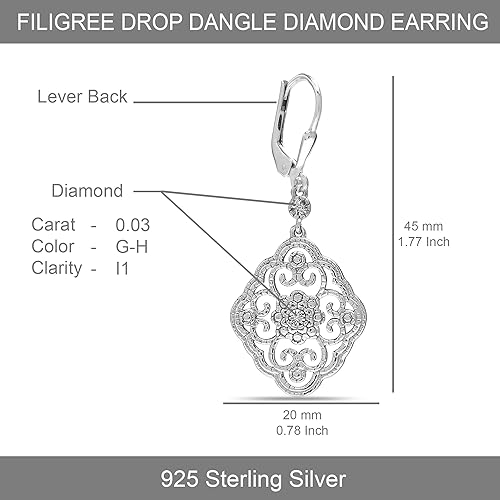 Miniatura 4 de LeCalla 925 Sterling Silver Filigree Dangle Drop Leverback Earrings for Women Long 925 Silver Dangle Leverback Earrings Hypoallergenic Filigree