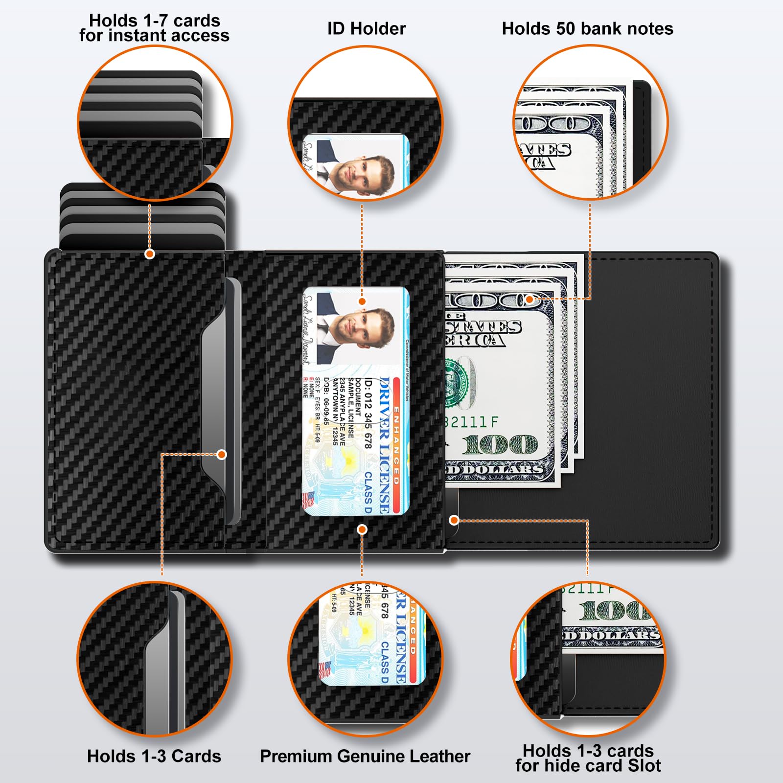 Portafoglio Uomo Slim, Porta Carte di Credito Uomo con Chiusura Magnetica e Portamonete, Portafoglio uomo Pelle Fibra di Carbonio, Portacarte Uomo pop-up per 9-14 carte, Finestra ID, Slot per contanti