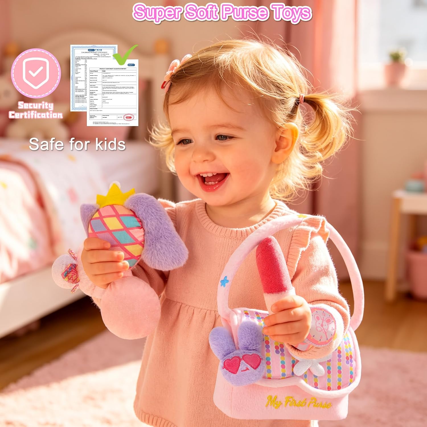 My First Purse, Baby Pretend Makeup Play Toy for Girl 6-18 Months | 9PCS Pink Purse with Soft Makeup Set & Music Plush Toy Phone, Rattle Crinkle Sensory Toy Gift for Toddler Girl 6-12-18 Months