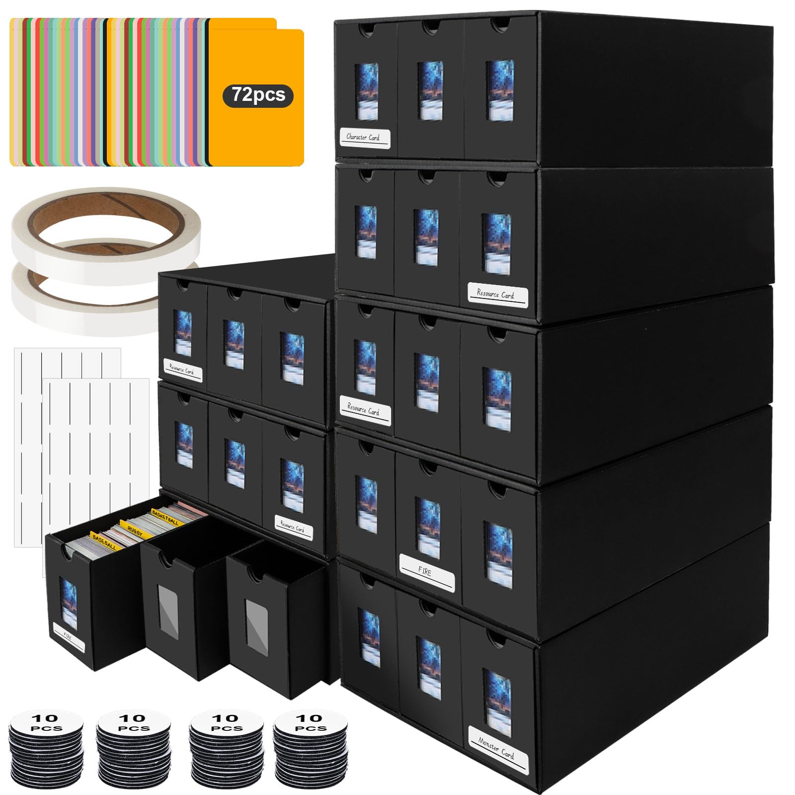 POKIENE 8 PCS Trading Card Storage Box with Visualization Window, 72 Colorful Card Dividers, Labels Tape, Each Card Storage Box with 3 Small Pull Box for Tcg, Mtg, Ptcg, Sports Cards
