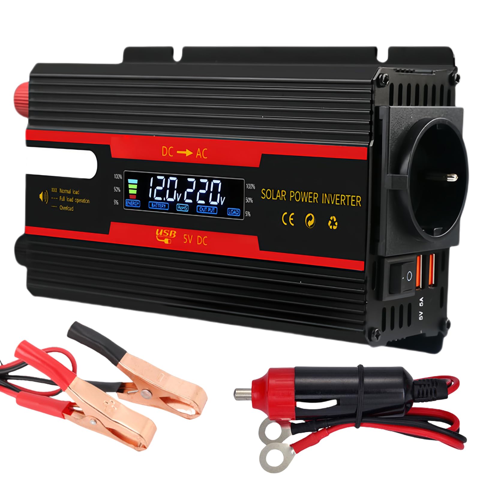 Inversor de voltaje CC 12 V/24 V a CA 230 V, inversor de onda sinusoidal modificada, 2000 W con enchufes europeos, 2 USB y pantalla LCD, adaptador de corriente para coche, camión, caravana, camping