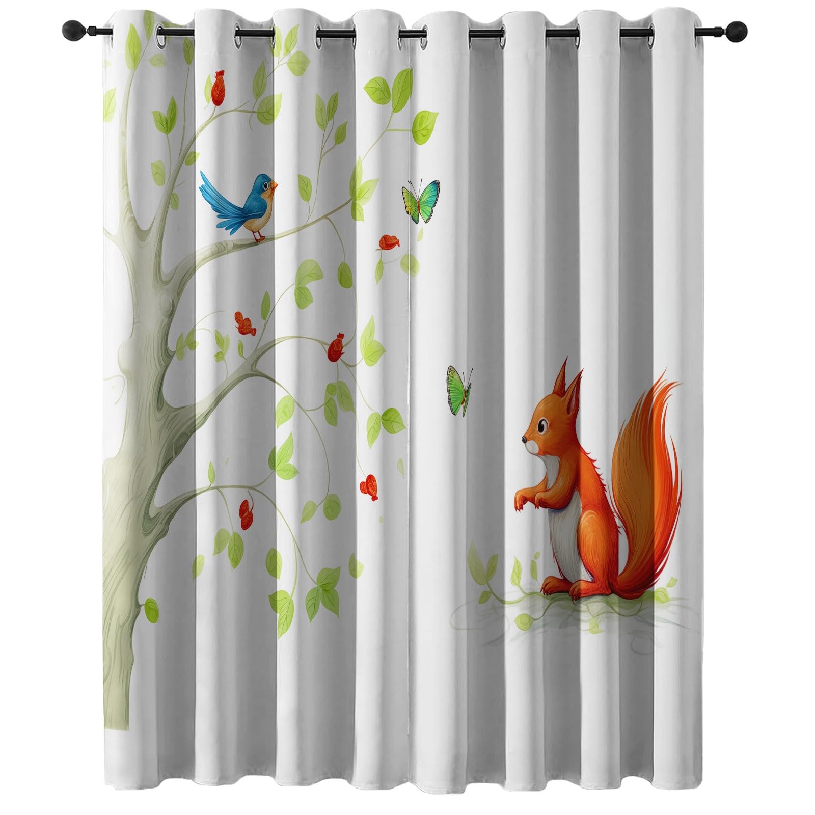 Kreskówka wiewiórka z nadrukiem latającego ptaka, 100% zasłony zaciemniające do sypialni i salonu 168 x 229 cm (2 panele) - izolacja termiczna, energooszczędne zasłony z oczkami, redukcja hałasu