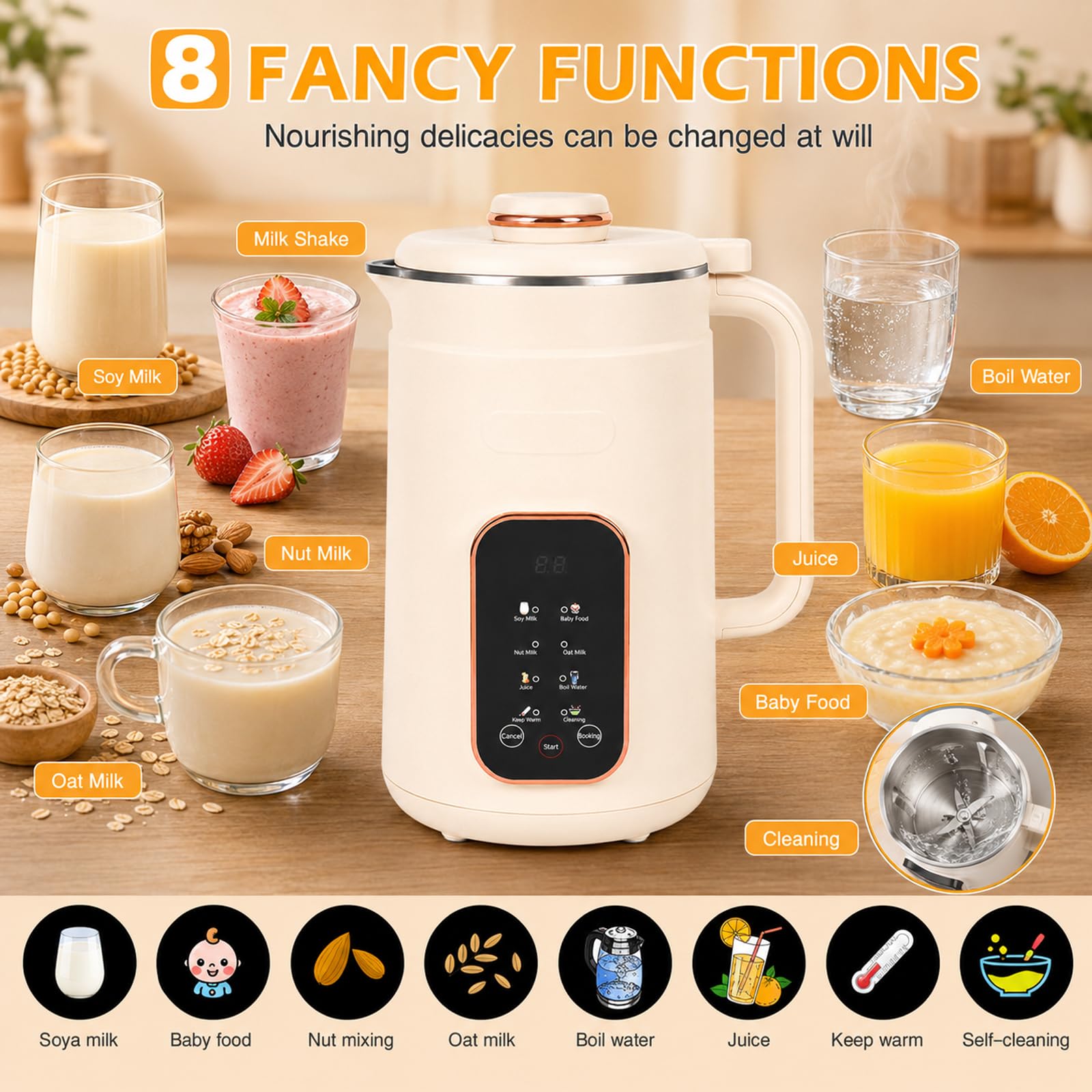 Maszyna do mleka orzechowego 1200 ml, urządzenie do przygotowania mleka roślinnego z 8 programami | stal nierdzewna 304, 12 ostrzy, timer 24 h, utrzymywanie ciepła, samoczyszczenie, cicha praca, panel dotykowy