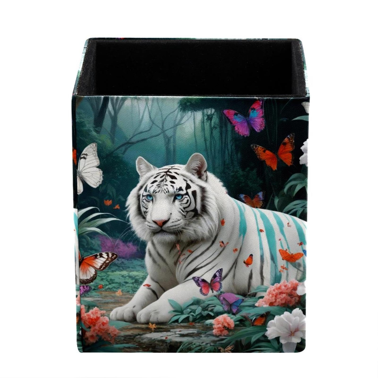 FWJZDSP Pen Holder for Desk, White Tiger Butterfly Pencil Holder, Pen Cup Functional Desk Organizer for Office Supplies